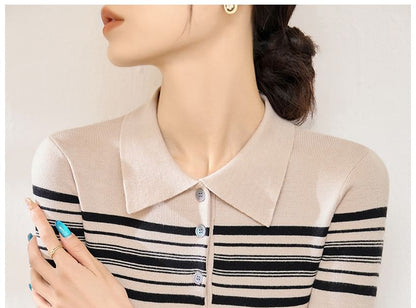 Striped Polo-Neck Knit Long-Sleeve Top