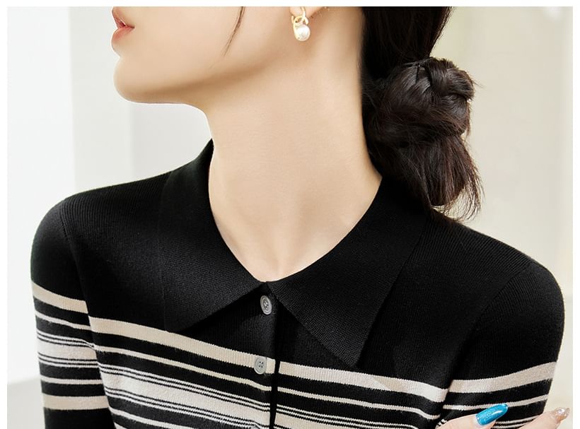 Striped Polo-Neck Knit Long-Sleeve Top