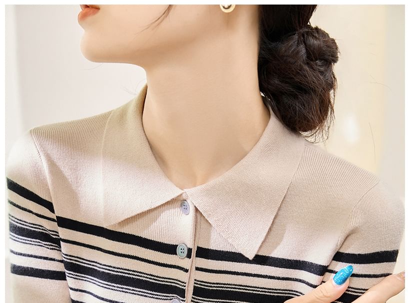 Striped Polo-Neck Knit Long-Sleeve Top