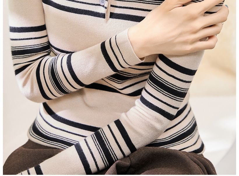 Striped Polo-Neck Knit Long-Sleeve Top