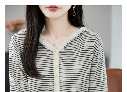 Striped Hooded Henley Sweater with V-Neck