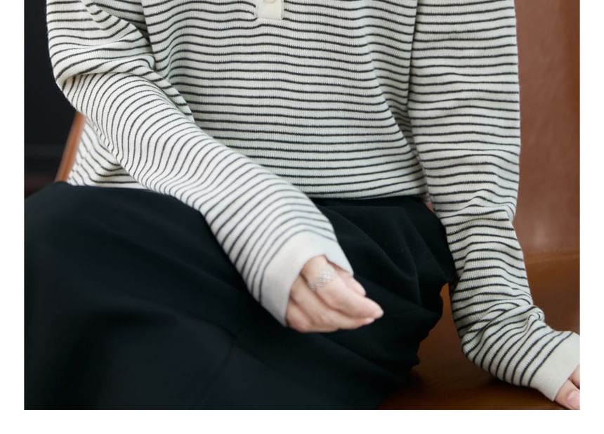 Striped Hooded Henley Sweater with V-Neck