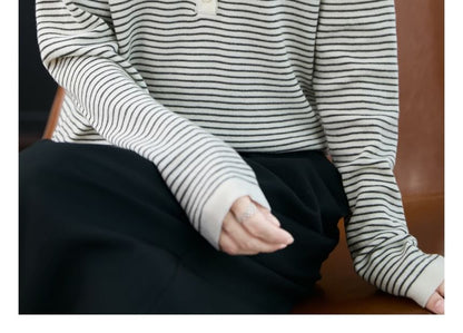 Striped Hooded Henley Sweater with V-Neck
