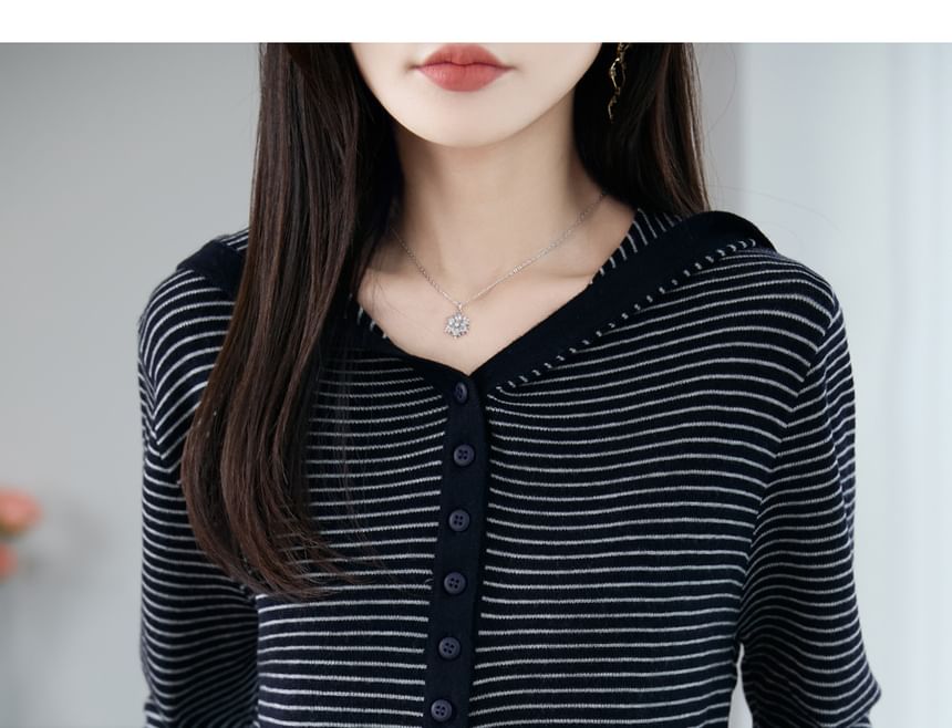 Striped Hooded Henley Sweater with V-Neck