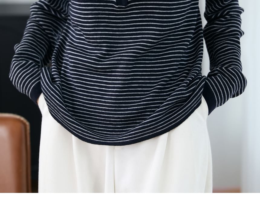 Striped Hooded Henley Sweater with V-Neck
