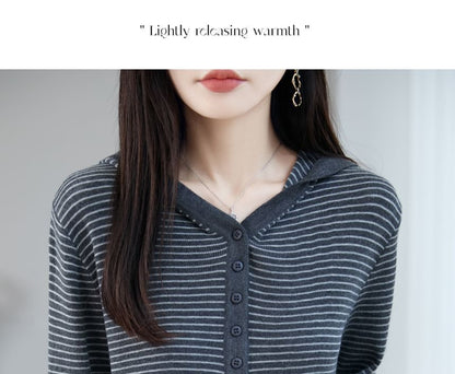 Striped Hooded Henley Sweater with V-Neck