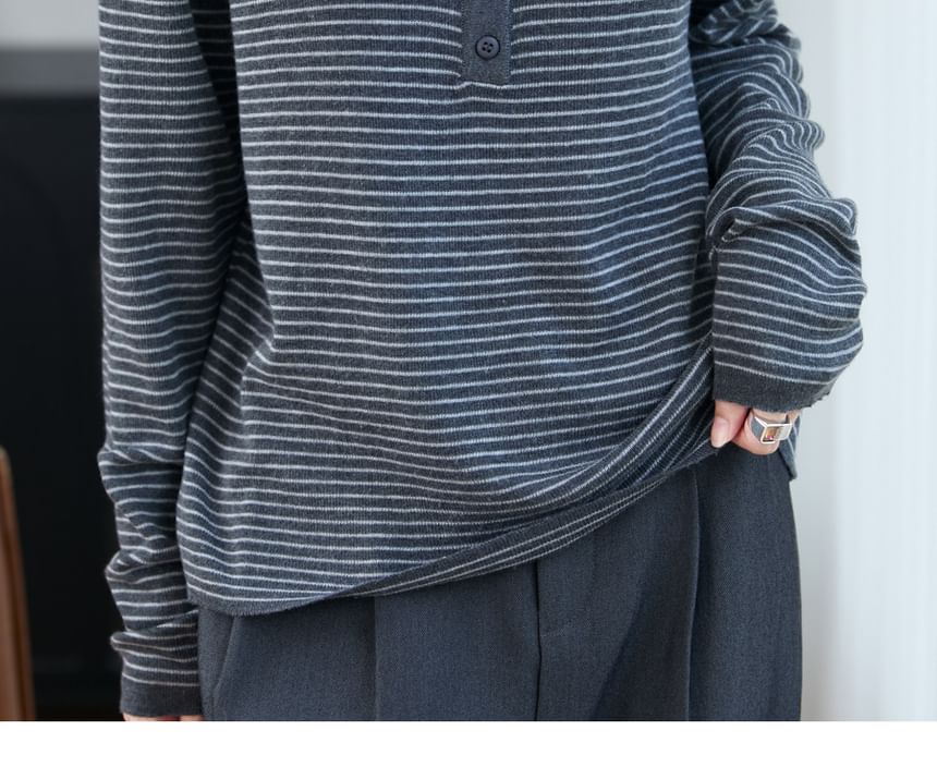 Striped Hooded Henley Sweater with V-Neck