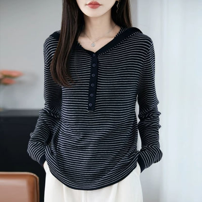 Striped Hooded Henley Sweater with V-Neck