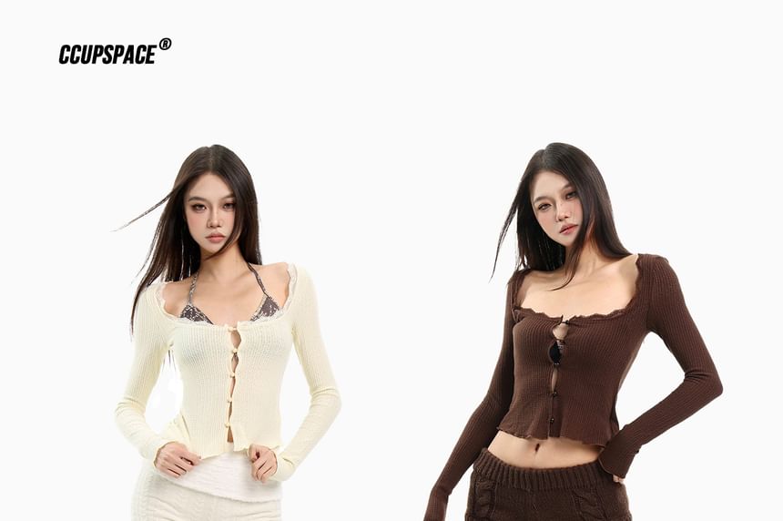Long Sleeve Scoop Neck Plain Lace Trim Button Top
