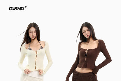 Long Sleeve Scoop Neck Plain Lace Trim Button Top