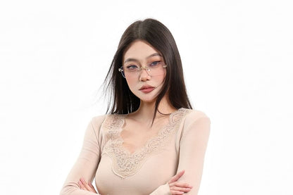 Long Sleeve V-Neck Plain Panel Lace Top