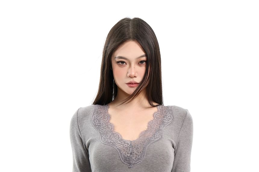 Long Sleeve V-Neck Plain Panel Lace Top