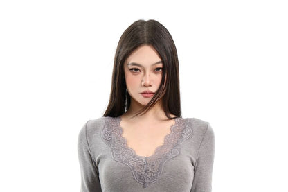 Long Sleeve V-Neck Plain Panel Lace Top