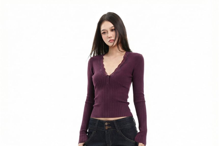 Long Sleeve V-Neck Plain Lace Trim Ribbed Knit Top