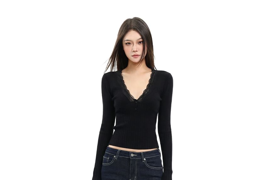 Long Sleeve V-Neck Plain Lace Trim Ribbed Knit Top