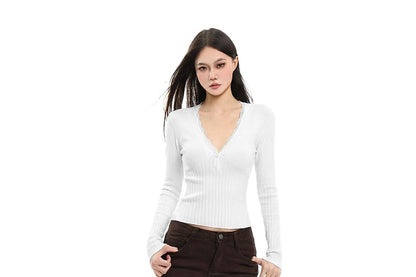 Long Sleeve V-Neck Plain Lace Trim Ribbed Knit Top