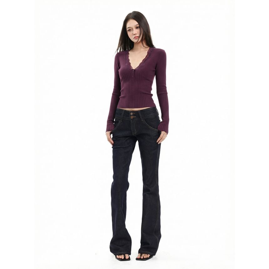 Long Sleeve V-Neck Plain Lace Trim Ribbed Knit Top