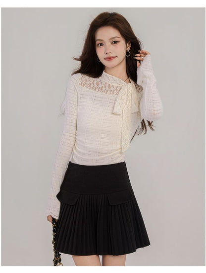 Long-Sleeve Mock Neck Lace Panel Ruched Slim Fit Top