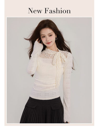 Long-Sleeve Mock Neck Lace Panel Ruched Slim Fit Top