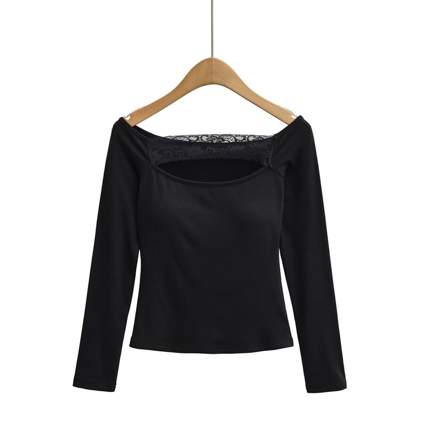Off-Shoulder Lace Panel Cutout Long-Sleeve Crop Tee
