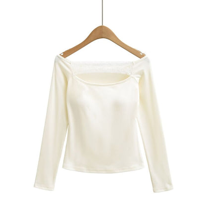 Off-Shoulder Lace Panel Cutout Long-Sleeve Crop Tee