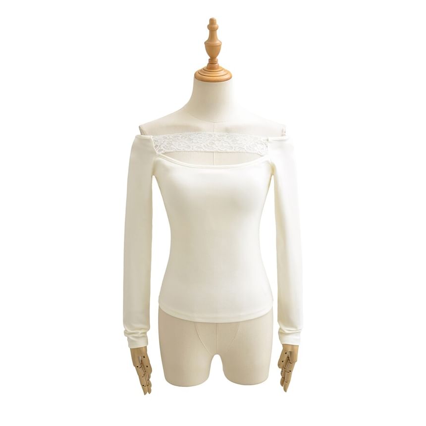 Off-Shoulder Lace Panel Cutout Long-Sleeve Crop Tee
