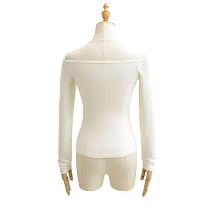 Off-Shoulder Lace Panel Cutout Long-Sleeve Crop Tee
