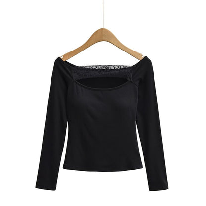 Off-Shoulder Lace Panel Cutout Long-Sleeve Crop Tee
