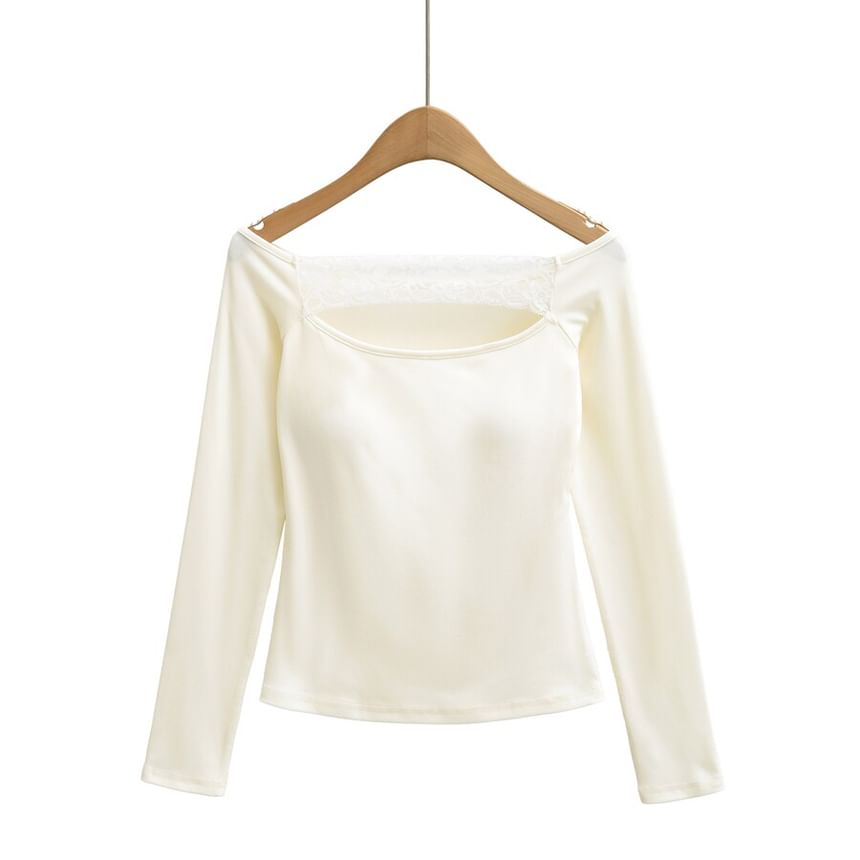 Off-Shoulder Lace Panel Cutout Long-Sleeve Crop Tee