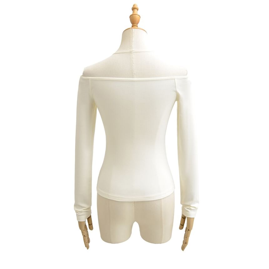 Off-Shoulder Lace Panel Cutout Long-Sleeve Crop Tee