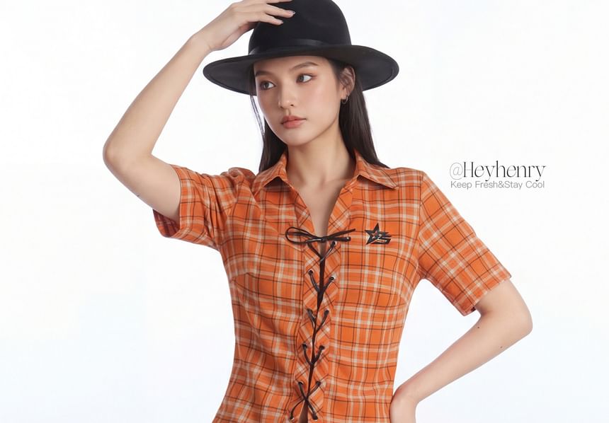 Short Sleeve Collared Plaid Lace Up Shirt