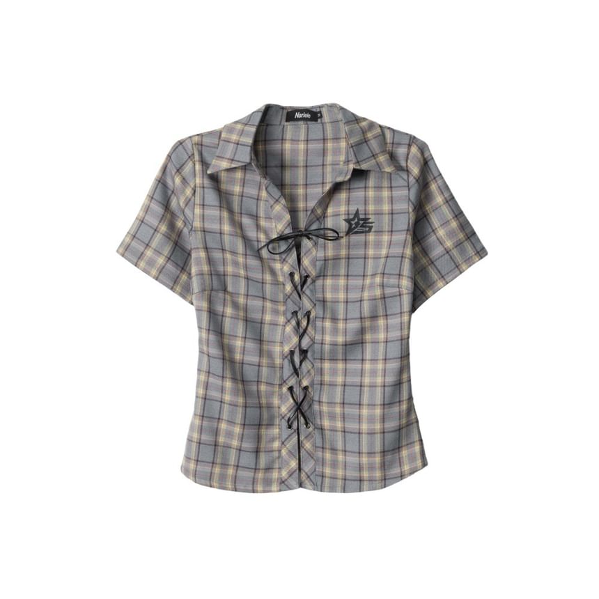Short Sleeve Collared Plaid Lace Up Shirt