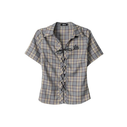 Short Sleeve Collared Plaid Lace Up Shirt