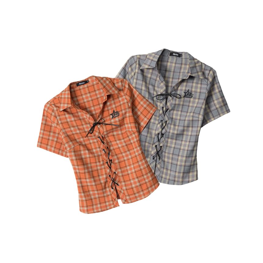 Short Sleeve Collared Plaid Lace Up Shirt