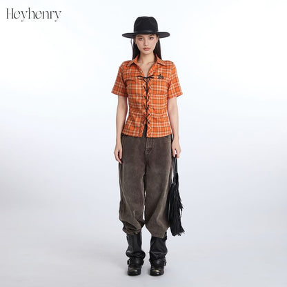 Short Sleeve Collared Plaid Lace Up Shirt