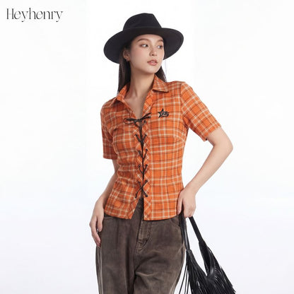 Short Sleeve Collared Plaid Lace Up Shirt