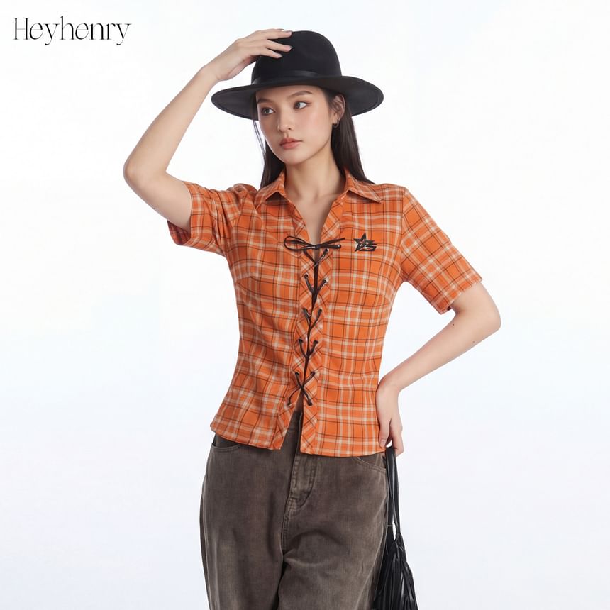 Short Sleeve Collared Plaid Lace Up Shirt