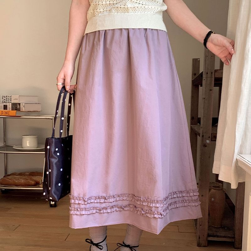 Frill Trim Midi A-Line Skirt High-Waisted