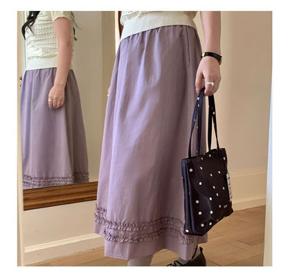 Frill Trim Midi A-Line Skirt High-Waisted