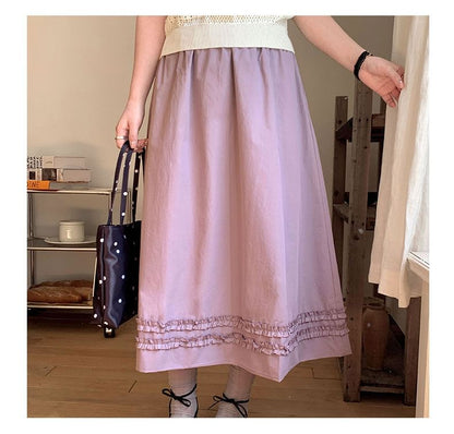 Frill Trim Midi A-Line Skirt High-Waisted