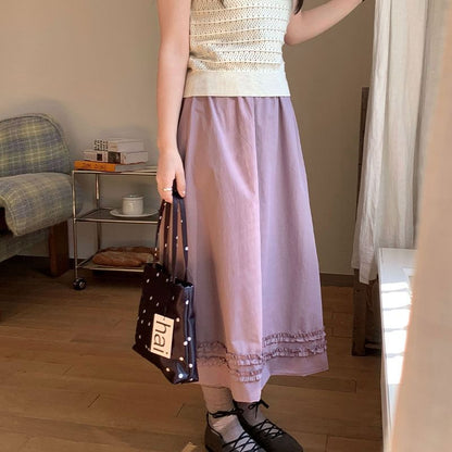 Frill Trim Midi A-Line Skirt High-Waisted