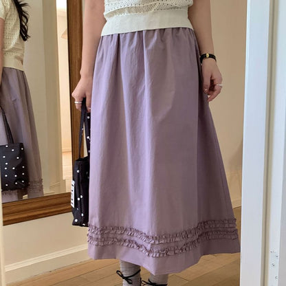 Frill Trim Midi A-Line Skirt High-Waisted
