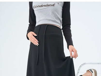 Maternity Drawstring Waist Plain Maxi A-Line Skirt