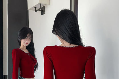 Long-Sleeve Lace-Up V-Neck Crop Tee