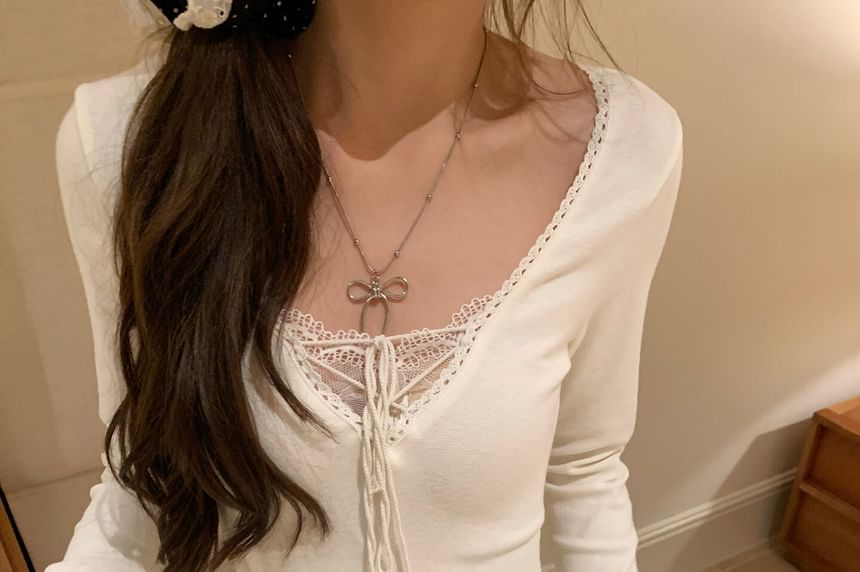 Long Sleeve V-Neck Plain Lace Up Panel Lace Top
