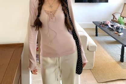 Long Sleeve V-Neck Plain Lace Up Panel Lace Top