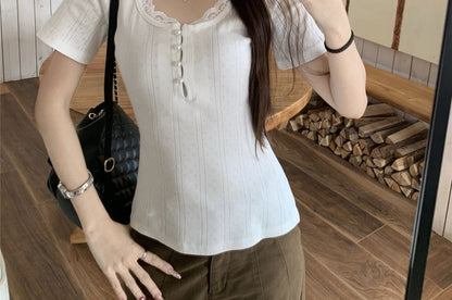 Short Sleeve Scoop Neck Plain Pointelle Faux Pearl Button Lace Trim Top
