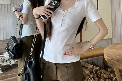 Short Sleeve Scoop Neck Plain Pointelle Faux Pearl Button Lace Trim Top