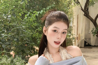 Long Sleeve Cold Shoulder Ruched Mock Two Piece Lace Panel Knit Top