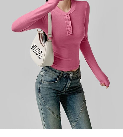 Cropped Henley T-Shirt with Long Sleeves and Slim Fit in Solid Color